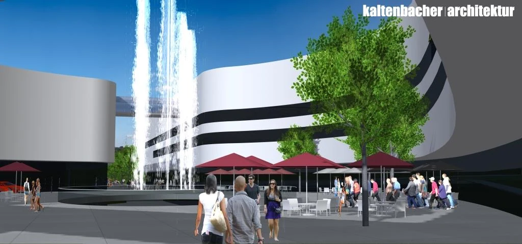 Hangar Schwechat – Visualisierung des Innenhofs mit Wasserfall