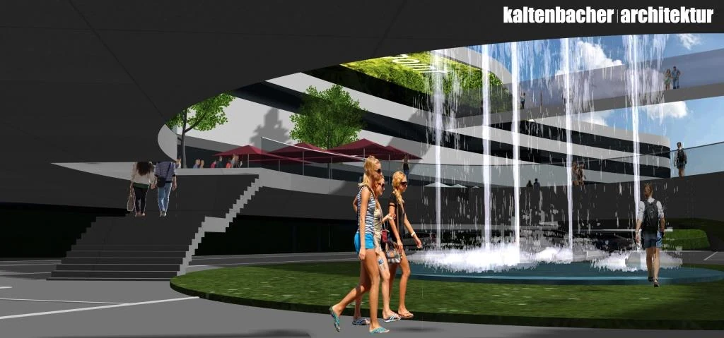 Hangar Schwechat – Visualisierung des Innenbereichs mit Wasserfall